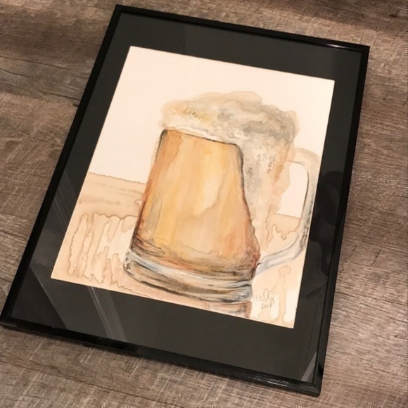 Framed original art mug of beer painted WITH beer and ink in 12x16” frame - Picture 4 of 8